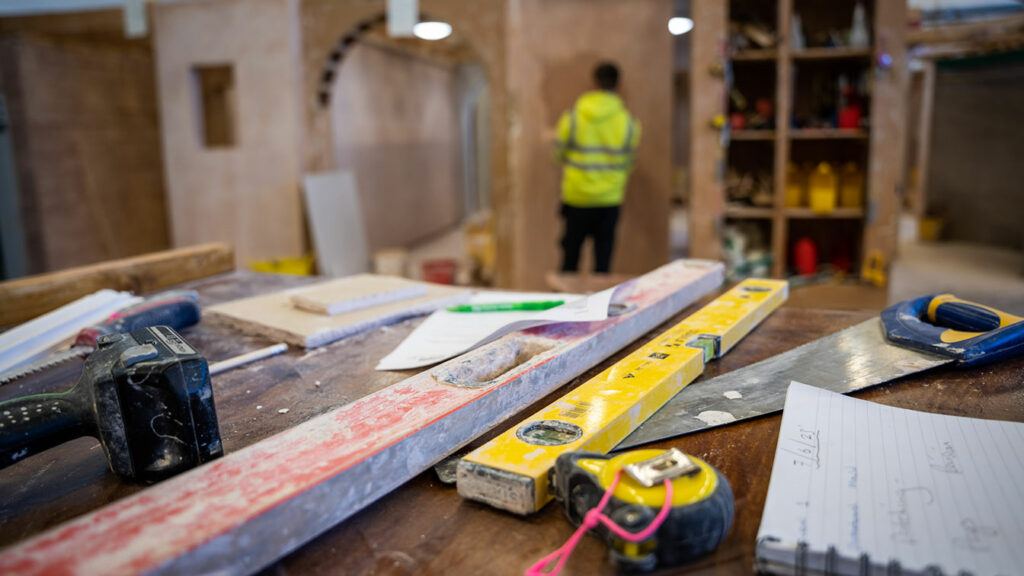 Tools on a work surface in the construction workshop