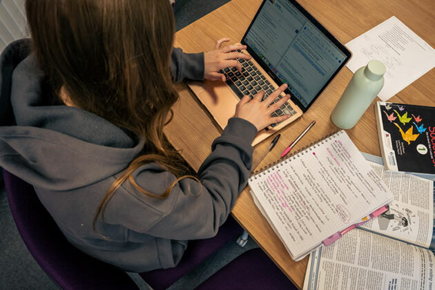 A student sat at a desk working at a laptop