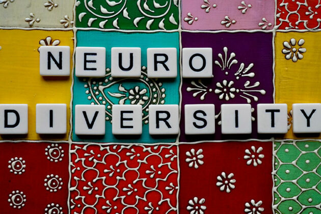 Letters spelling our neurodiversity on a colourful patchwork background