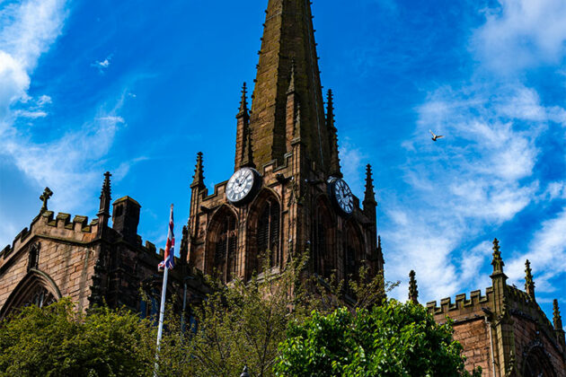Rotherham Minster with a blue sky in the background