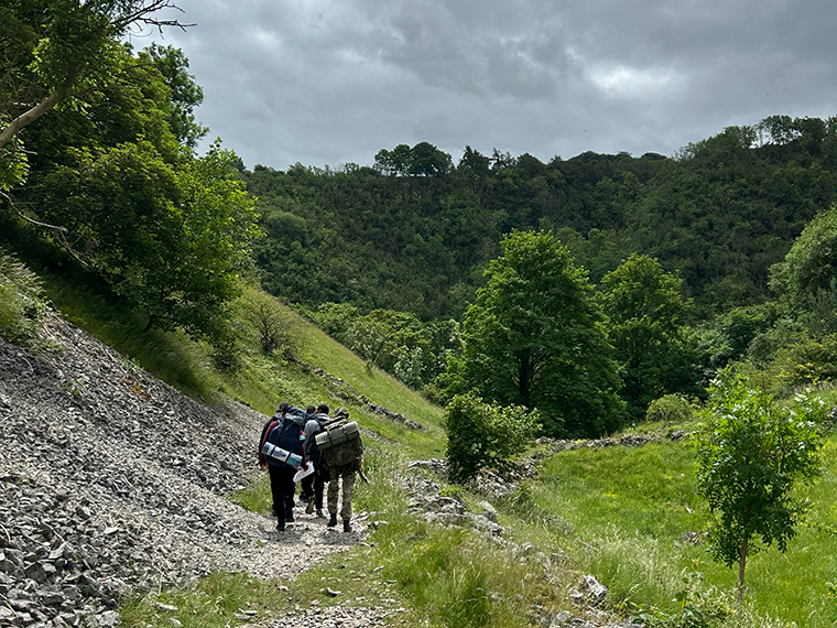 A landscape with green grass and trees, a small group of people walking down a path in the distance